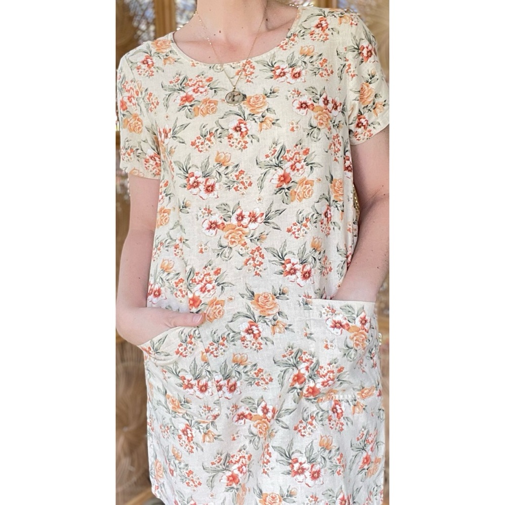 90s Vintage Erika Petites Cotton Linen Blend Orange Flower Print Shirt Dress S